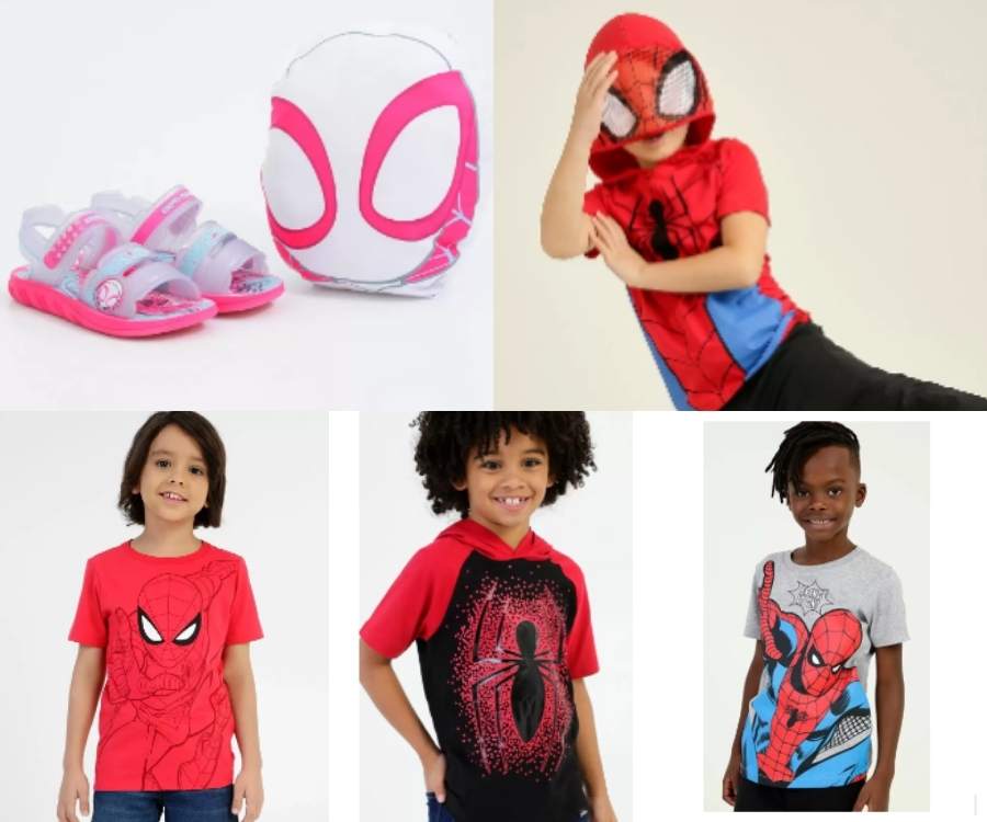 Produtos infantis licenciados do  Spyder Man da Marisa. Crianças usando as roupas.
