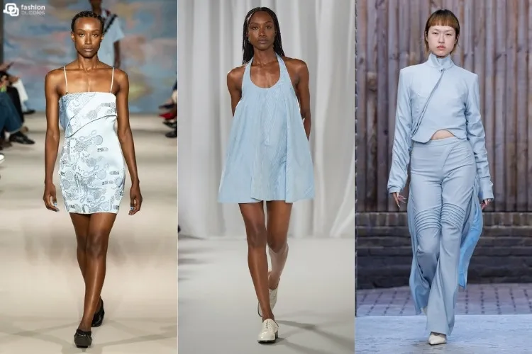 Modelos usando azul-claro, uma das tendências da London Fashion Week Primavera Verão 2027