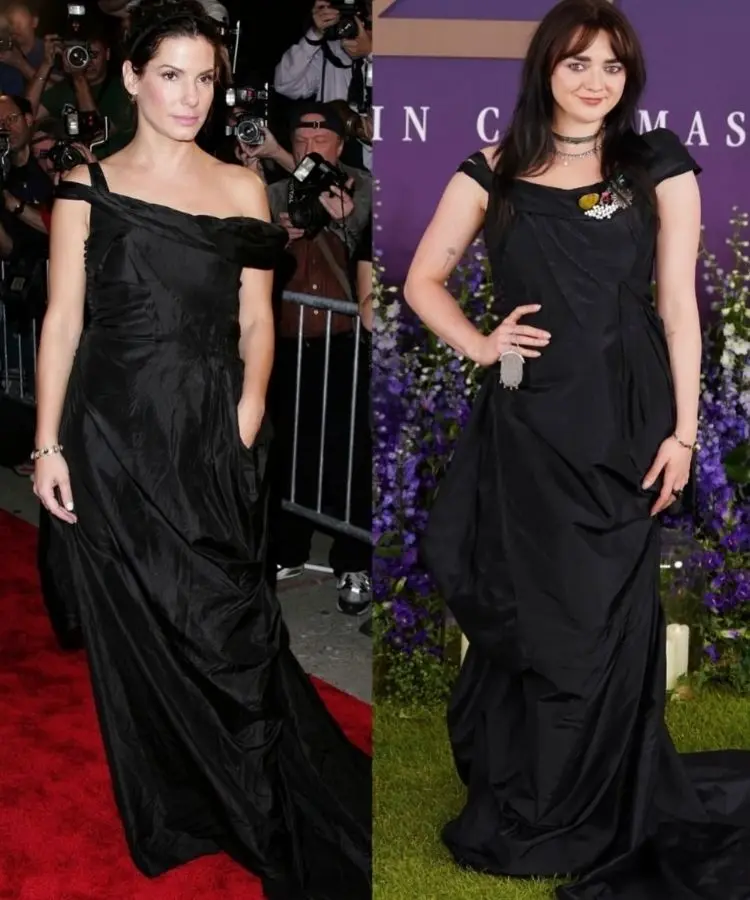 Maisie Williams usando vestido emprestado de Sandra Bullock, direto do tapete vermelho do filme Confidencial (2006)