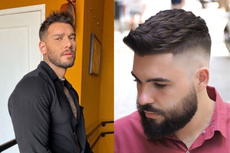 duas opções de corte masculino com topete baixo