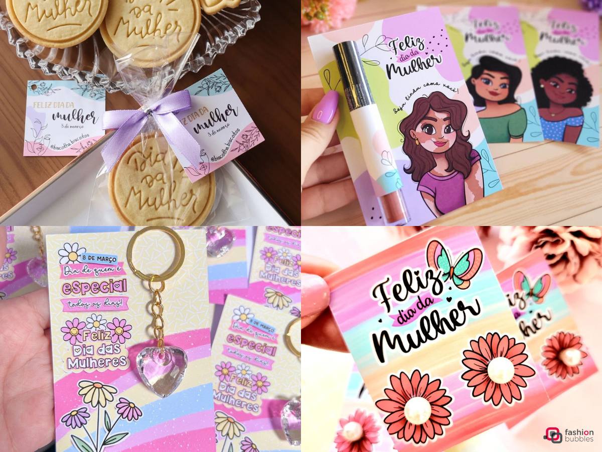 Montagem com 4 opções de lembrancinhas para o Dia da Mulher.