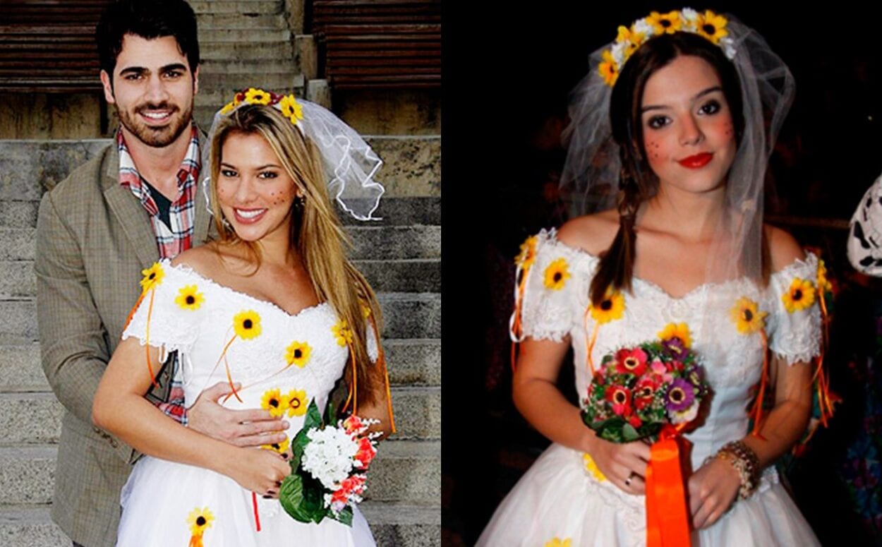 Noivas de festa junina com flores de girassol