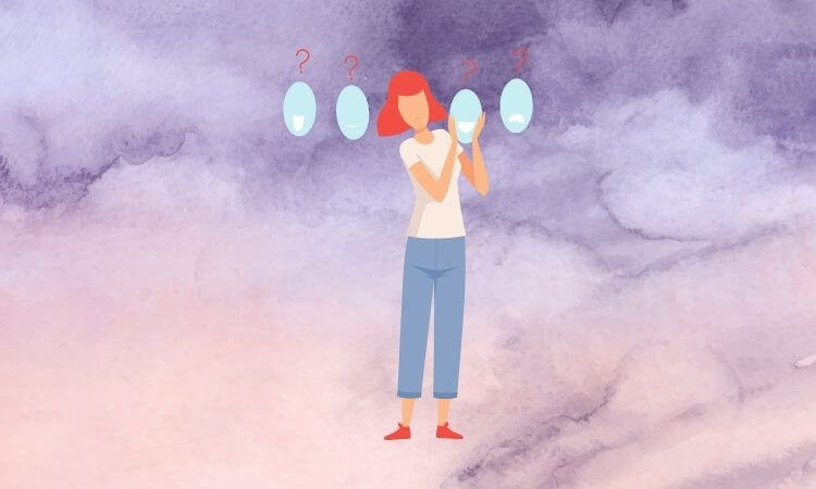 ilustração de mulher cheia de dúvidas em fundo de aquarela roxo o que causa Síndrome do Impostor