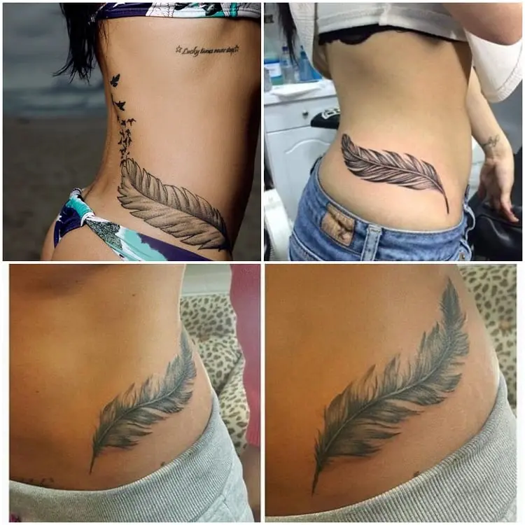 montagem com quatro fotos de tatuagem de cintura com penas