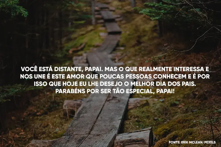 Foto de caminho de madeira em trilha e frase "Você está distante, papai. Mas o que realmente interessa e nos une é este amor que poucas pessoas conhecem e é por isso que hoje eu lhe desejo o melhor dia dos pais. Parabéns por ser tão especial, papai!"