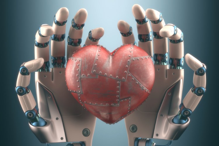 A imagem mostra duas mãos robóticas segurando um coração metálico. As mãos têm um design futurista, com dedos articulados e detalhes em metal e parafusos visíveis nas juntas. O coração no centro é feito de metal vermelho, com uma aparência remendada, como se fosse composto por várias placas de metal unidas por rebites. O fundo é simples, com uma tonalidade azul-acinzentada que destaca as mãos robóticas e o coração metálico. A imagem sugere uma combinação de tecnologia e emoção, simbolizando a ideia de que até mesmo máquinas podem "segurar" ou "proteger" algo tão simbólico quanto um coração. Inteligência artificial e amor


