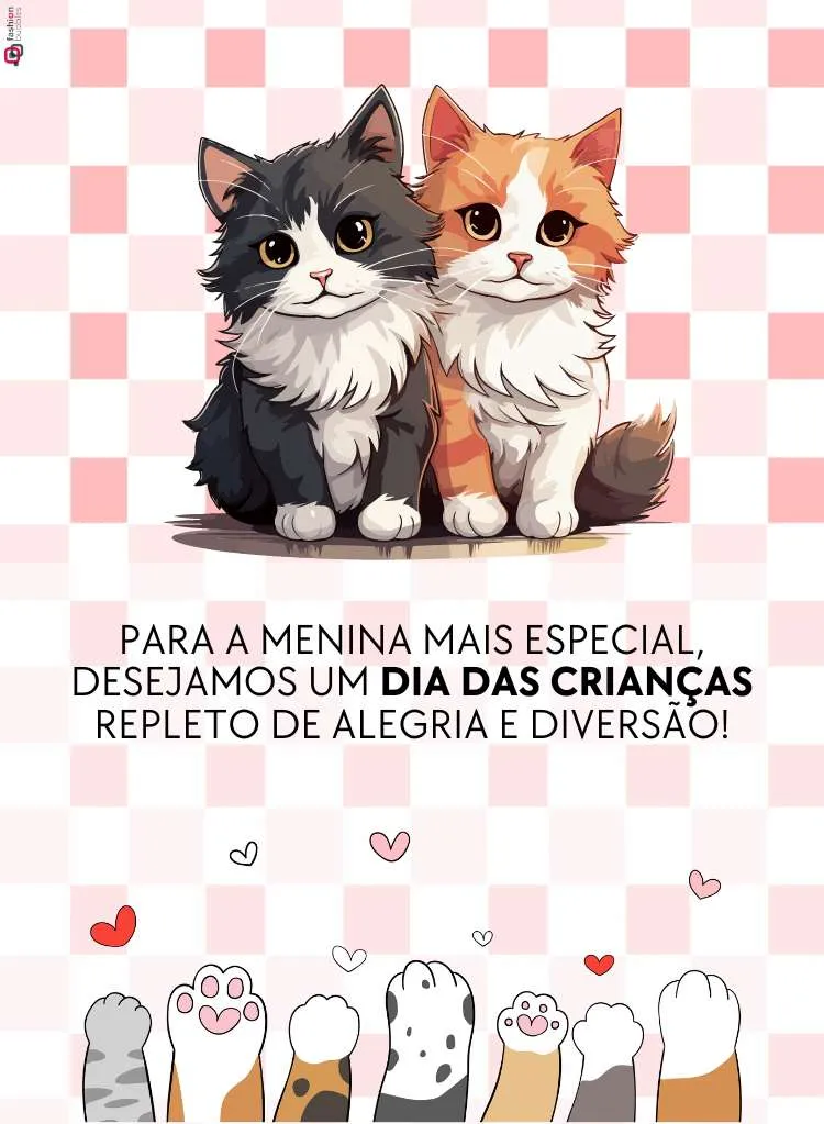 Parte de dentro do cartão de Dia das Crianças para meninas, com gatos, patinhas e frase