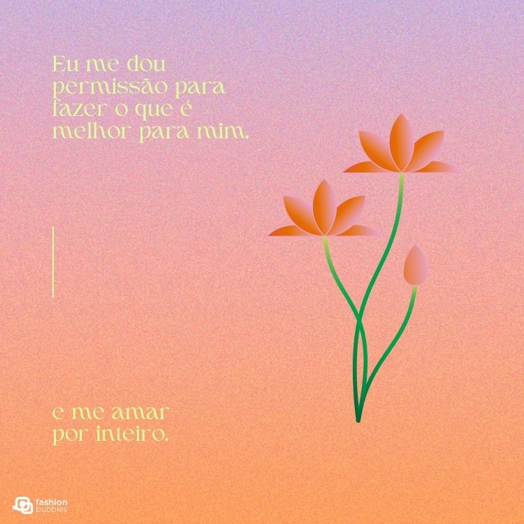 Afirmação escrita em amarelo em fundo roxo, rosa e laranja com foto de flor de lótus.
