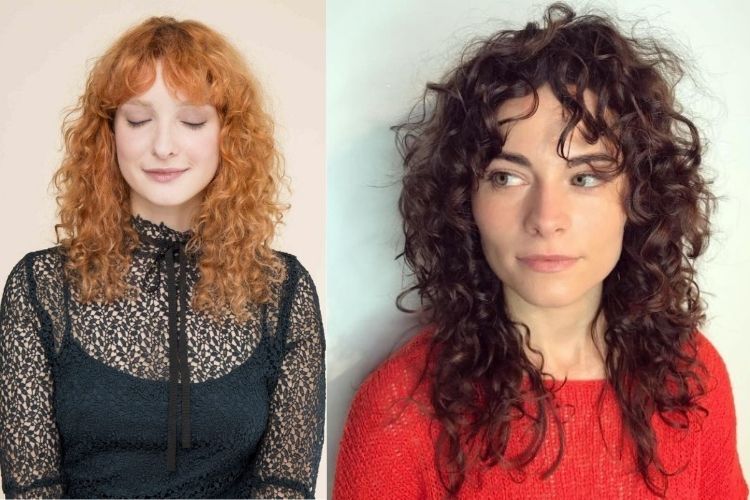 Duas fotos de mulheres com curtain bangs cabelo cacheado