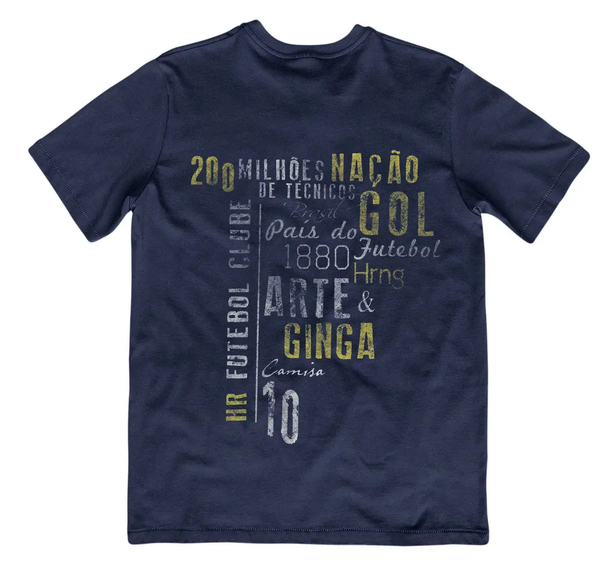 Camiseta preta adornada com frases sobre futebol.
