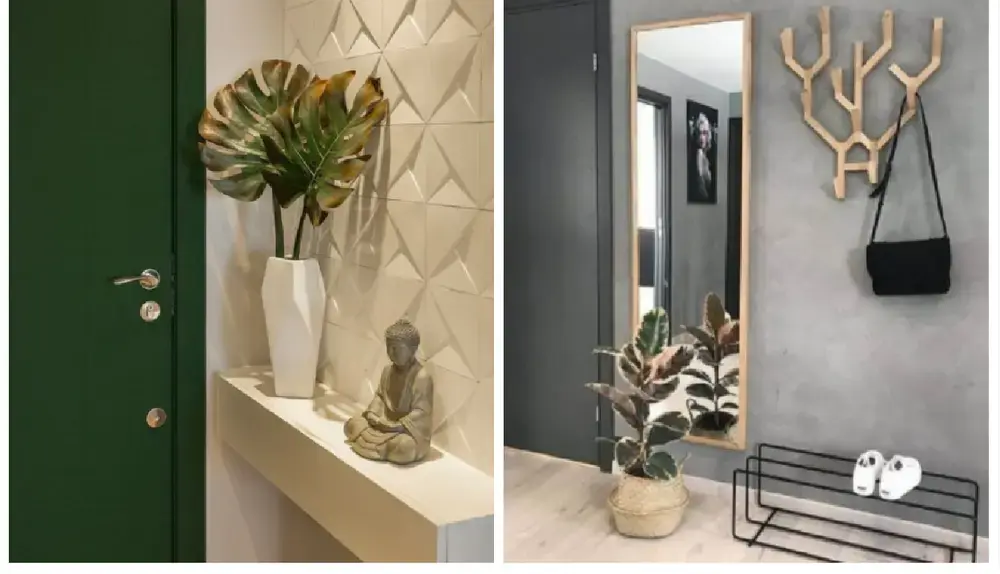 Montagem com duas fotos que aparecem na matéria: Hall branco com porta verde, parede com azulejo 3D, aparador branco suspenso, estátua de Buda e vaso branco com costela-de-adão / Hall com parede cinza, gancho de madeira para bolsa, sapateira preta, espelho e vaso de palha com planta