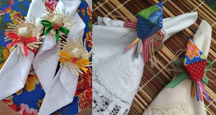 A imagem representa guardanapo de festa junina, decorado com mini chapéu de palha e balão de tecido