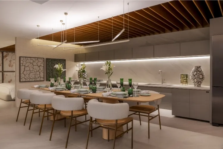 Foto de cozinha moderna decorada com mesa de jantar grande no centro