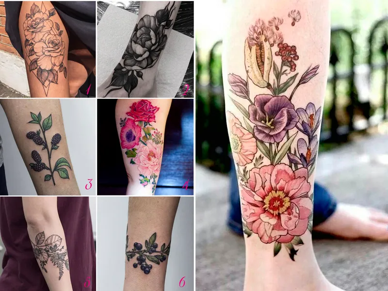 Montagem com 7 tatuagens botânicas