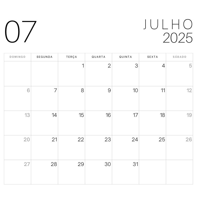 A imagem exibe o calendário de julho de 2025 em formato minimalista. O número "07" aparece à esquerda e "JULHO 2025" no canto superior direito. Os dias estão organizados em uma grade semanal, começando no domingo e terminando no sábado.