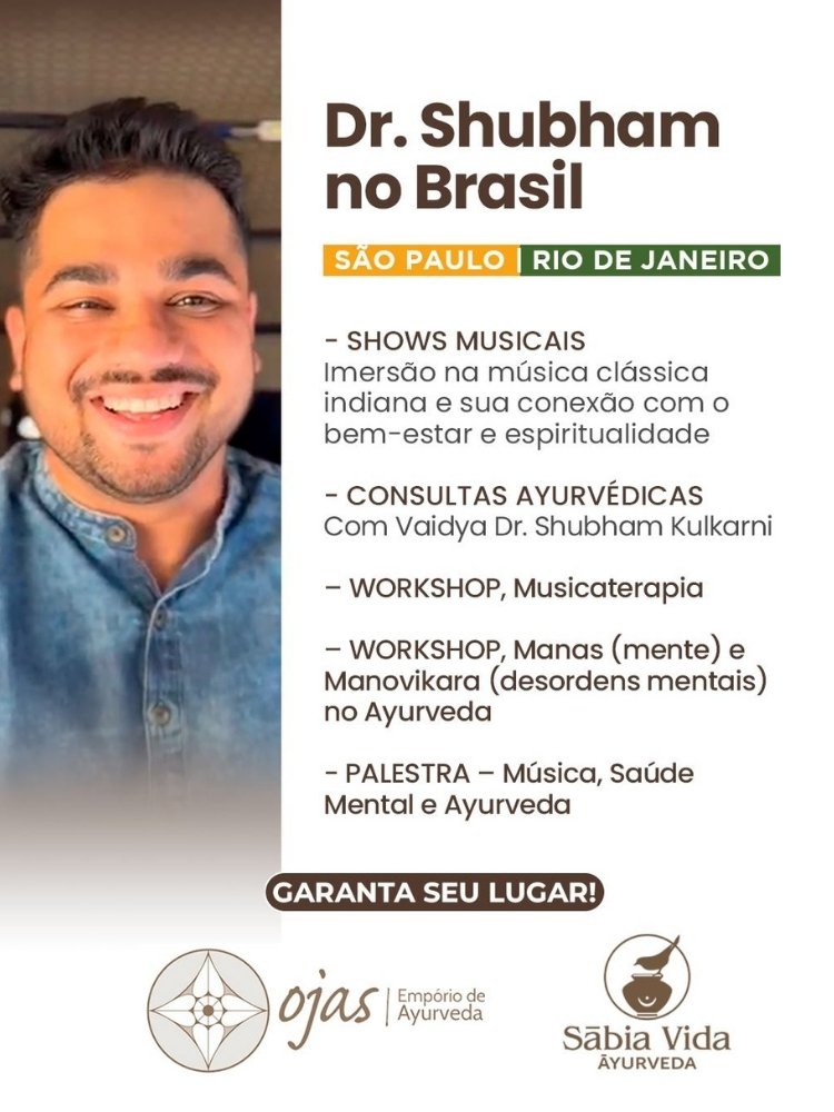 Cartaz apresentando prévia da programação da turnê de Dr. Shubham Kulkarni no Brasil