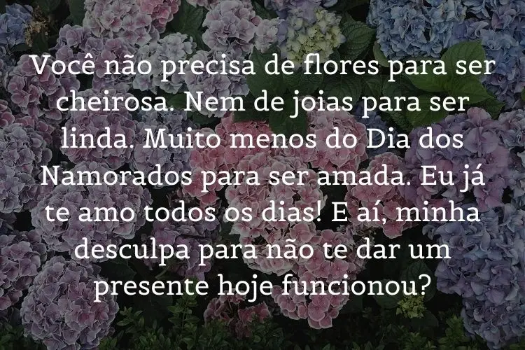 Foto de flores rosas e roxas com frase "Você não precisa de flores para ser cheiroso(a). Nem de joias para ser lindo(a). Muito menos do Dia dos Namorados para ser amado(a). Eu já te amo todos os dias! E aí, minha desculpa para não te dar um presente hoje funcionou?"
