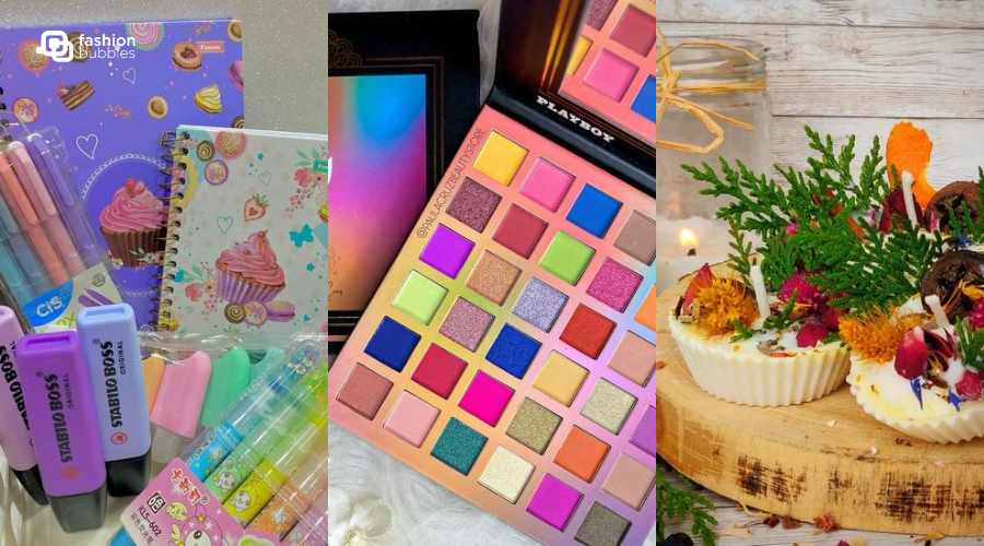 Montagem com 3 opções de presentes até R$ 50,00 para amigo ladrão: kit papelaria, paleta de sombras e velas aromáticas decoradas.