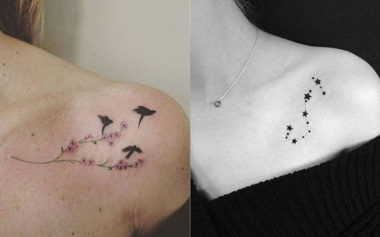 Montagem de duas fotos de tatuagens no ombro. A primeira mostra pássaros em galhos com flores rosas e a segunda é de uma constelação 