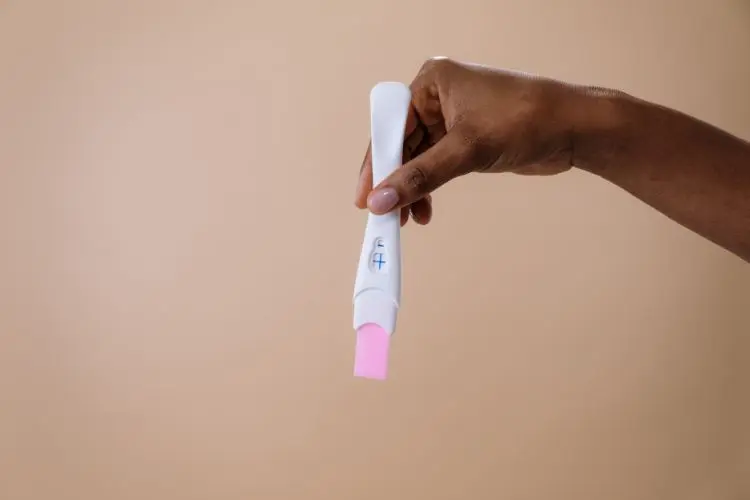 A imagem mostra uma mão segurando um teste de gravidez com resultado positivo. O teste apresenta duas linhas azuis no visor, indicando gravidez. O fundo é em tom bege, destacando o teste e a mão que o segura.


