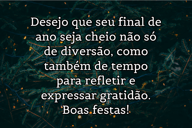 Árvores natalinas e frase: Desejo que seu final de ano seja cheio não só de diversão, como também de tempo para refletir e expressar gratidão. Boas festas!