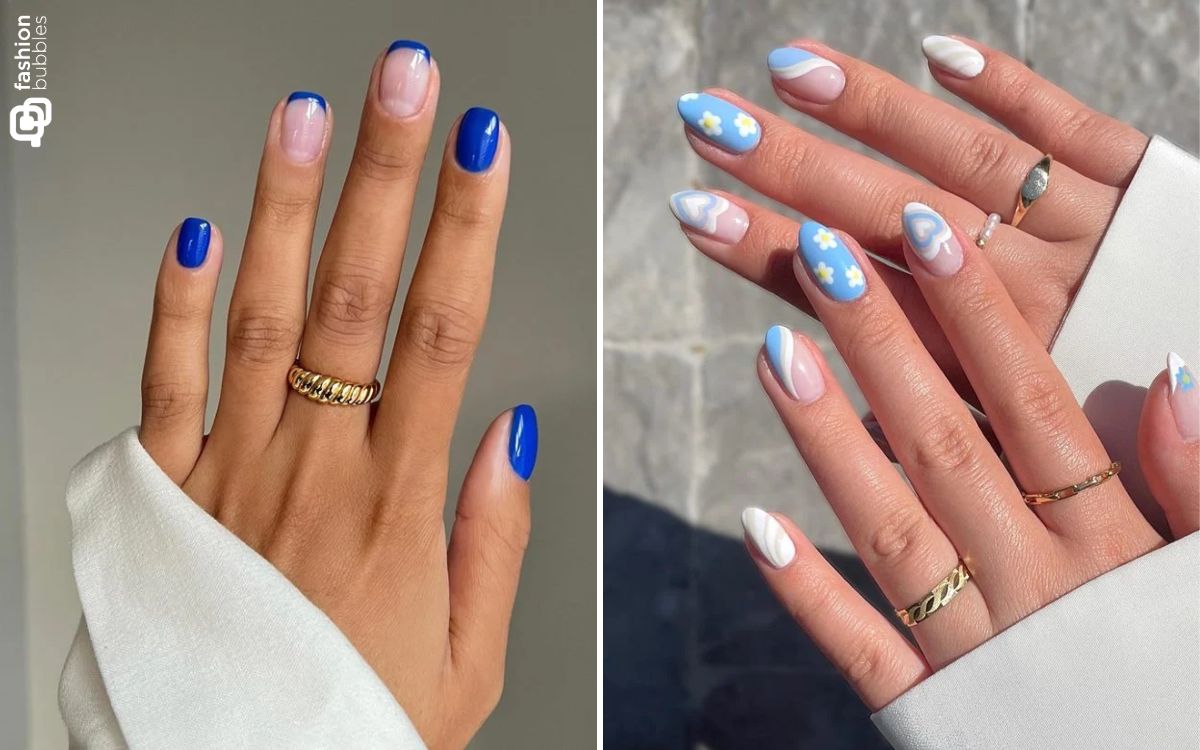 Montagem com duas opções de unhas decoradas azuis. À esquerda, unhas curtas com francesinha azul bic. À direita unhas azul-bebê no estilo mismatched