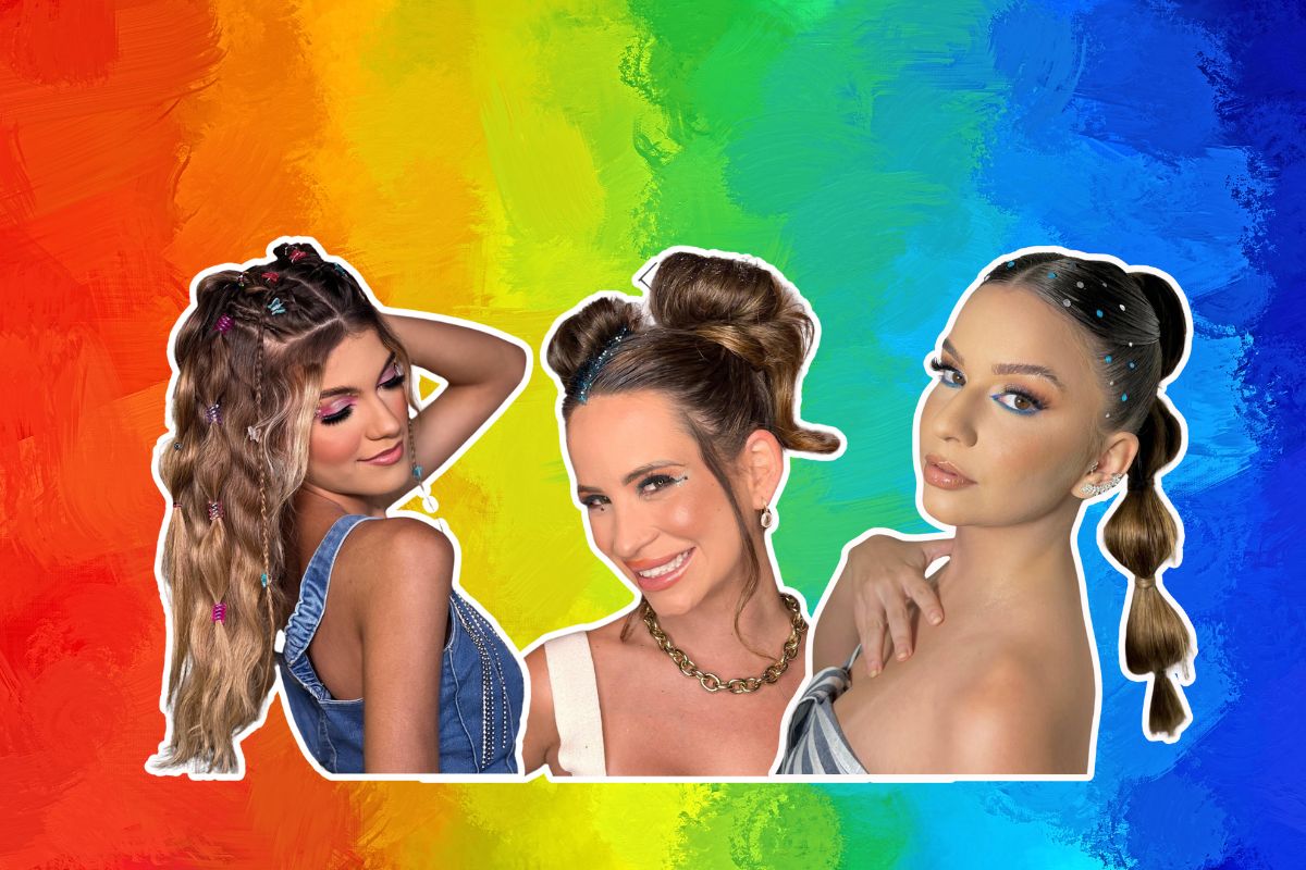 Montagem de fundo colorido com três opções de cabelo que aparecem na matéria: penteado com acessórios, space buns e rabo de cavalo.