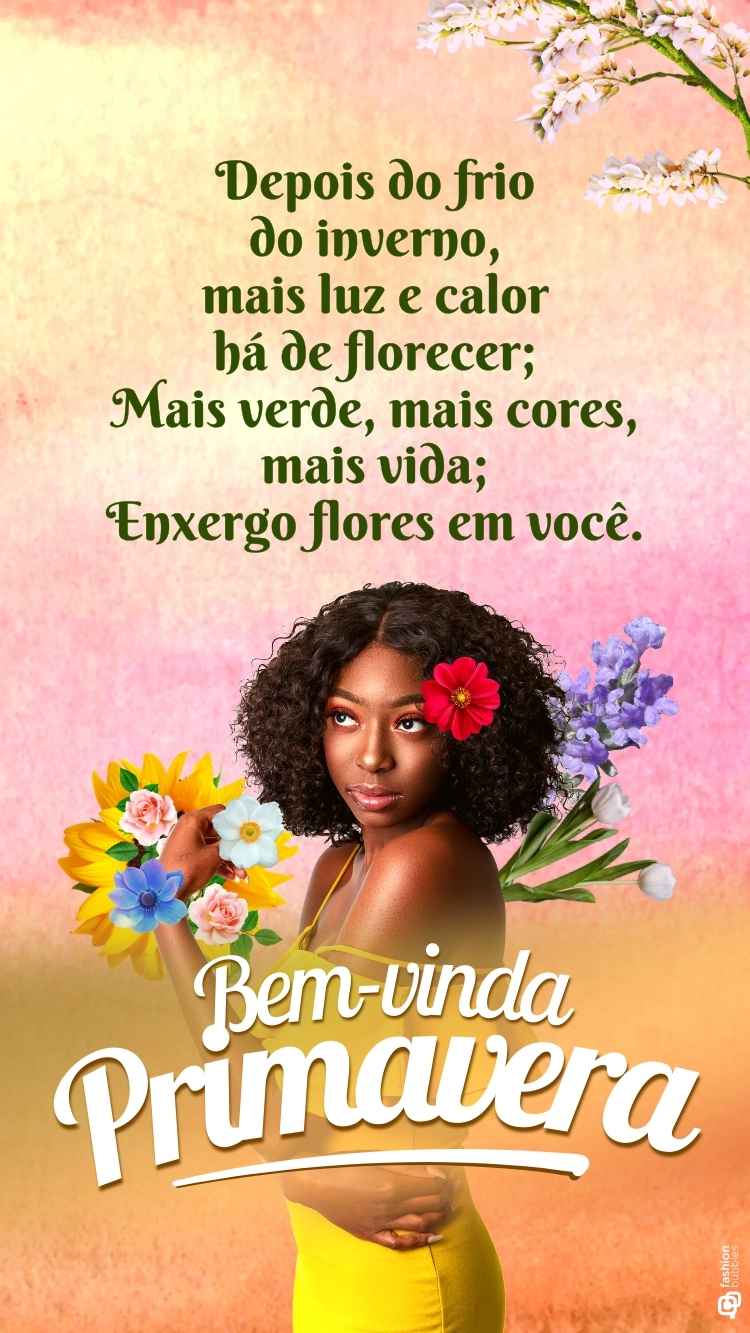 Frase sobre primavera escrita em foto de mulher com flores ao seu redor e no cabelo