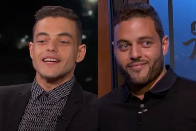 Montagem com duas fotos, sendo uma do ator Rami Malek e outra do seu irmão gêmeo Sami Malek - famosos com irmãos gêmeos