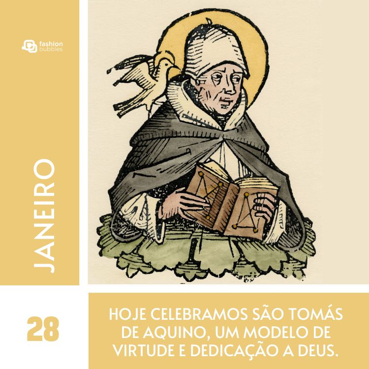Cartão virtual em bege com desenho de São Tomás de Aquino e frase: Hoje celebramos São Tomás de Aquino, um modelo de virtude e dedicação a Deus.