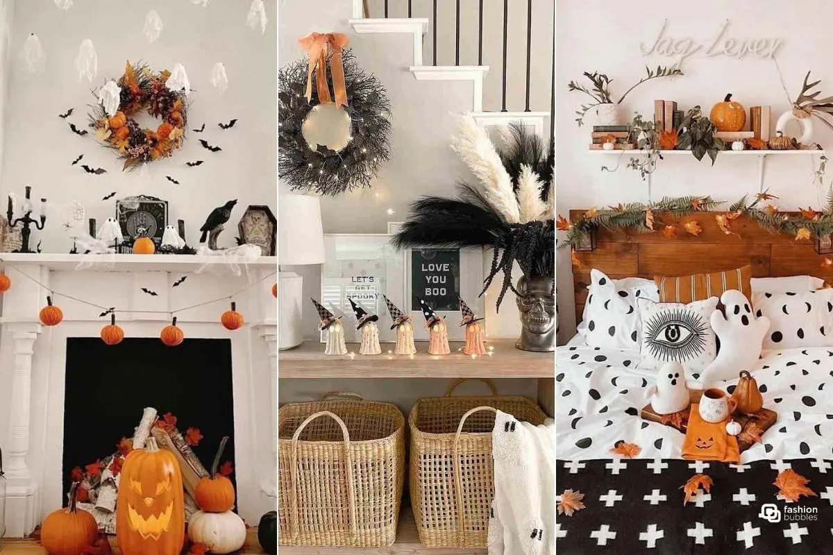 3 fotos de decoração de halloween que já apareceram na matéria: lareira com varal de abóboras, hall de entrada com vaso de caveira e quarto decorado para o Halloween