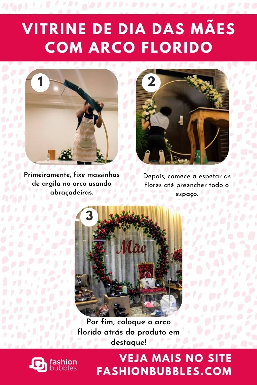 Vitrine de Dia das mães com arco florido.