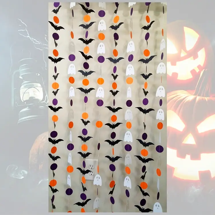 Cortina de papel de Dia das Bruxas para porta, com fantasmas, morcegos e círculos laranjas e roxos 