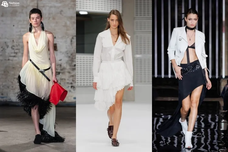 Modelos usando saia assimétrica, uma das tendências da London Fashion Week Primavera Verão 2027
