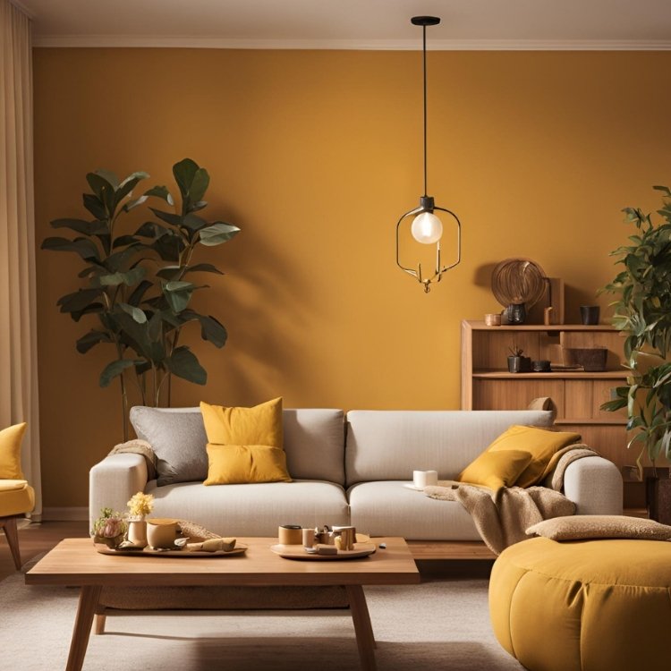 Sala com parede em curry dourado, sofá cinza, almofadas amarelas, mesa de madeira e puff amarelo 