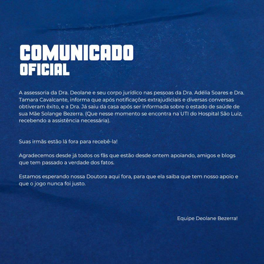 Foto do comunicado oficial da equipe de Deolane no Twitter