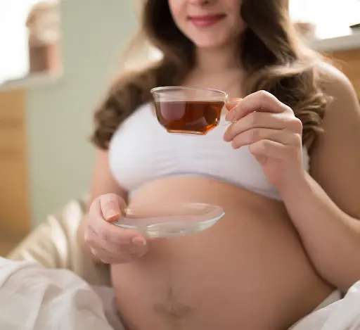 Mulher gestante bebendo chá e segurando pires
