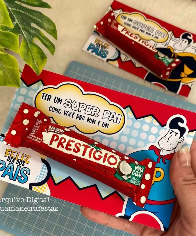 Cartão com chocolate prestígio personalizado com arte digital para o Dia dos Pais