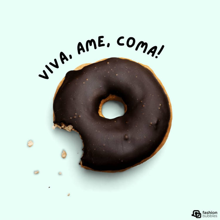 Cartão virtual de fundo verde com donut com calda de chocolate e frase "Viva, ame, coma."