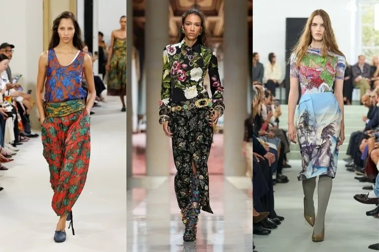 Modelos na passarela usando mix de estampas, uma das tendências da Semana de Moda de Milão Primavera Verão 2027
