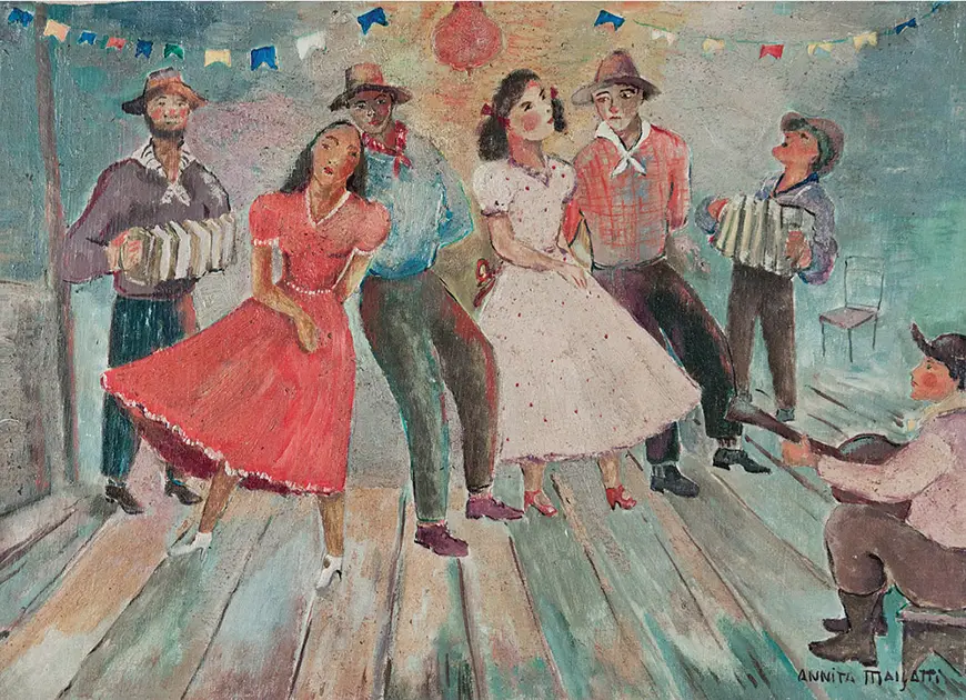 Pintura Festa Junina, de Anita Malfati, de pessoas dançando, cantando e toxando sanfona e violão