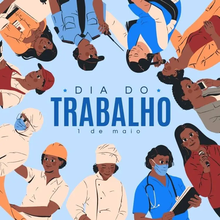 Ilustração com fundo azul de diversos trabalhadores. Ao centro, há os dizeres "Dia do trabalho" e "1 de maio".