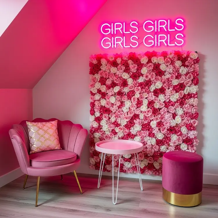 Um quarto rosa. Uma parede com flores artificiais cor-de-rosa e brancas. À esquerda, uma poltrona rosa aveludada, uma mesinha rosa e à direita um pufe rosa escuro. Acima, um neon rosa diz "GIRLS GIRLS GIRLS GIRLS GIRLS".