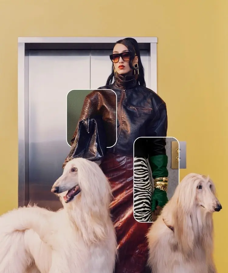 Mulher com dois cachorros na estética Glamou, glamour, uma das tendências de moda e beleza para 2026 do Pinterest Predicts