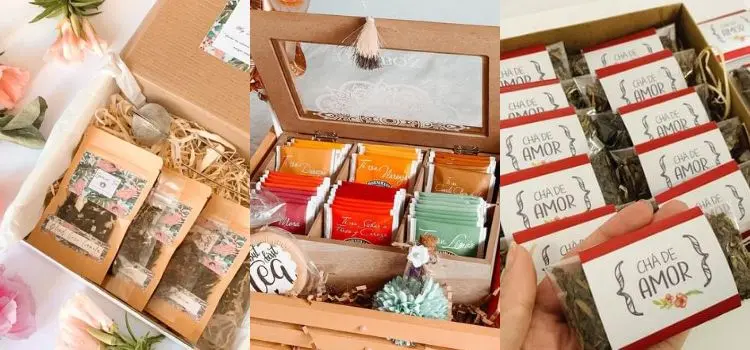 Montagem de caixa de chá personalizada com as ervas favoritas de sua mãe: "Caixa de chá com sachês personalizados", "Caixa de chá com sachês de pacotes coloridos", "Caixa de chá com sachês de chá de amor personalizado"




