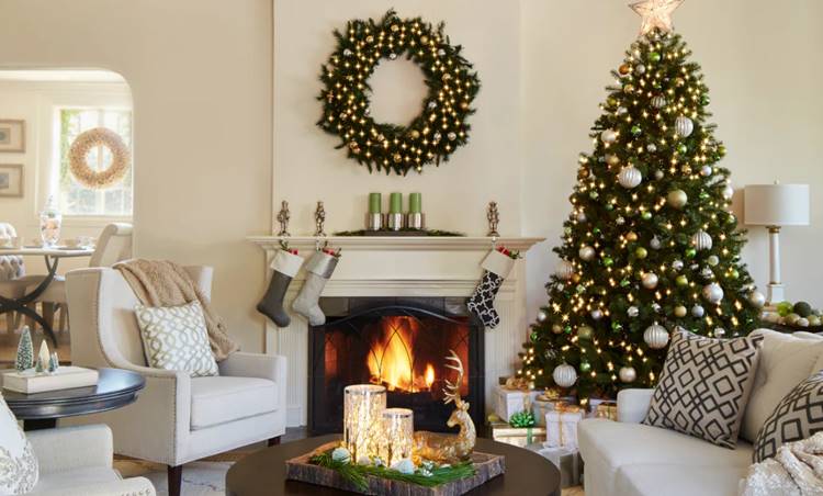 Sala de estar decorada para o Natal. Foto de sala decorada para o Natal.