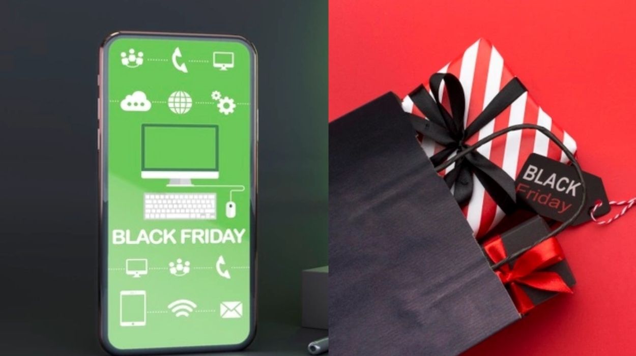 montagem com um celular e uma sacola de compras da black friday