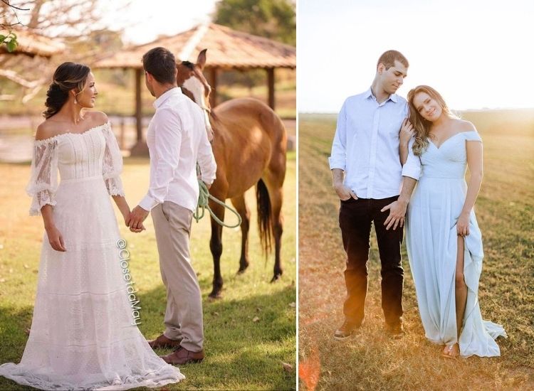 montagem com duas fotos de ensaio de casal no campo. Elas usam vestido branco e eles, camisa branca e calça ensaio de casal no campo