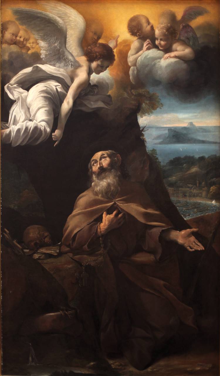 A imagem retrata São Conrado com semblante contemplativo, ajoelhado em uma paisagem rochosa. Ele usa vestes simples de eremita, com mãos erguidas em oração. Um anjo desce em sua direção, enquanto querubins brilham no céu iluminado ao fundo.


