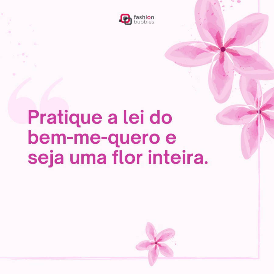 Imagem com a mensagem "Pratique a lei do bem-me-quero e seja uma flor inteira." com o fundo rosa e flores cor-de-rosa nos cantos